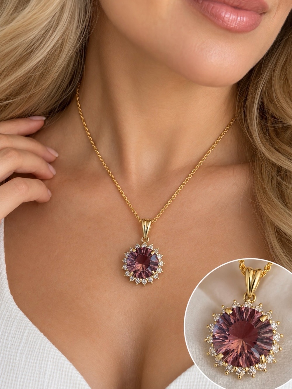 18K Gold 3.47ct Color Change Zandrite 0.48ctw Natural Diamond Halo Necklace